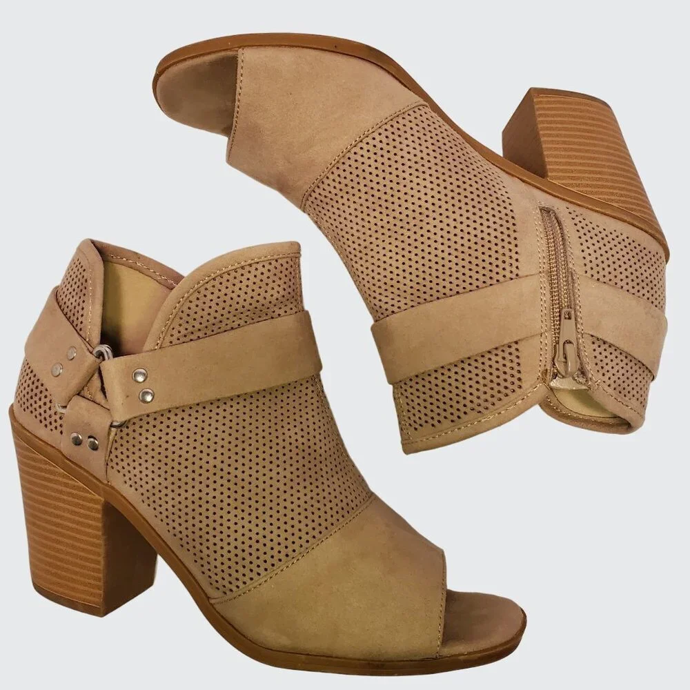 Fergalicious Augustine Open Toe Ankle Booties Side Zipper Entry Tan Size 38 - Picture 2 of 11